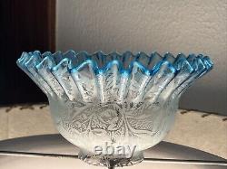 Antique 1800's Blue Fade 6 Floral Etched Ruffle Glass Shade Kerosene Oil Gas