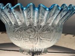 Antique 1800's Blue Fade 6 Floral Etched Ruffle Glass Shade Kerosene Oil Gas