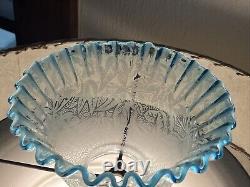 Antique 1800's Blue Fade 6 Floral Etched Ruffle Glass Shade Kerosene Oil Gas