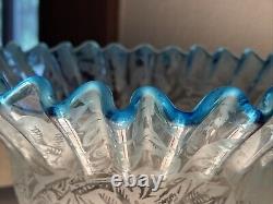 Antique 1800's Blue Fade 6 Floral Etched Ruffle Glass Shade Kerosene Oil Gas