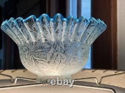 Antique 1800's Blue Fade 6 Floral Etched Ruffle Glass Shade Kerosene Oil Gas
