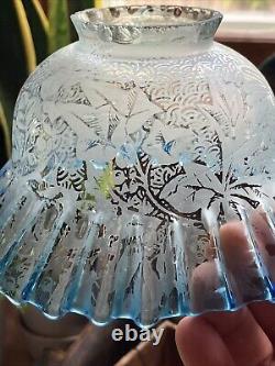 Antique 1800's Blue Fade 6 Floral Etched Ruffle Glass Shade Kerosene Oil Gas