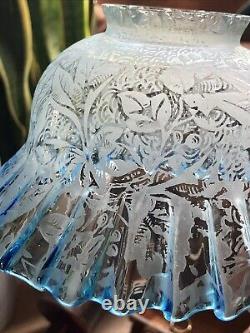 Antique 1800's Blue Fade 6 Floral Etched Ruffle Glass Shade Kerosene Oil Gas