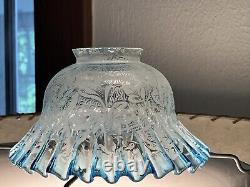 Antique 1800's Blue Fade 6 Floral Etched Ruffle Glass Shade Kerosene Oil Gas