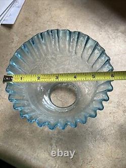 Antique 1800's Blue Fade 6 Floral Etched Ruffle Glass Shade Kerosene Oil Gas