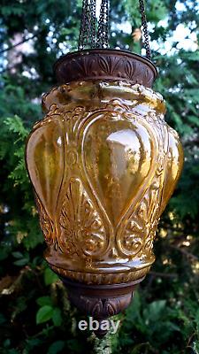 Antique 1870 1910 AMBER PATTERN Glass Shade Hall Parlor Hanging Oil Lamp