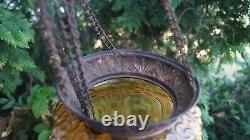 Antique 1870 1910 AMBER PATTERN Glass Shade Hall Parlor Hanging Oil Lamp