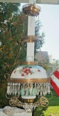 Antique 1890s Victorian Painted Font & Shade Hanging Parlor Oil Lamp & Retractor