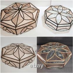 Antique (2) Leaded Stained Glass Shades 7 & 8 Panel Etched Pale Pink & Cream