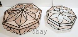 Antique (2) Leaded Stained Glass Shades 7 & 8 Panel Etched Pale Pink & Cream