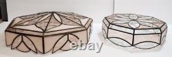 Antique (2) Leaded Stained Glass Shades 7 & 8 Panel Etched Pale Pink & Cream