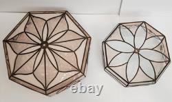 Antique (2) Leaded Stained Glass Shades 7 & 8 Panel Etched Pale Pink & Cream