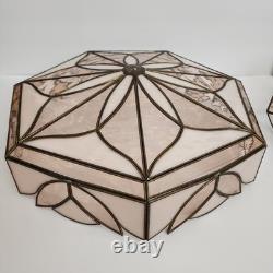 Antique (2) Leaded Stained Glass Shades 7 & 8 Panel Etched Pale Pink & Cream