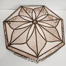 Antique (2) Leaded Stained Glass Shades 7 & 8 Panel Etched Pale Pink & Cream