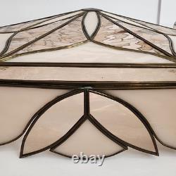 Antique (2) Leaded Stained Glass Shades 7 & 8 Panel Etched Pale Pink & Cream