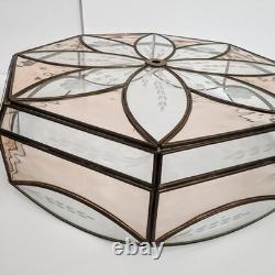Antique (2) Leaded Stained Glass Shades 7 & 8 Panel Etched Pale Pink & Cream