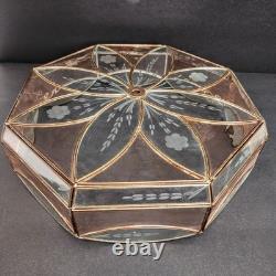 Antique (2) Leaded Stained Glass Shades 7 & 8 Panel Etched Pale Pink & Cream