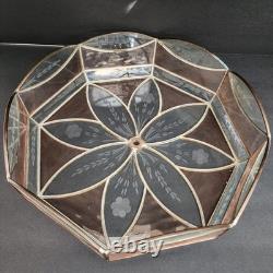 Antique (2) Leaded Stained Glass Shades 7 & 8 Panel Etched Pale Pink & Cream