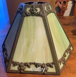Antique 6-PANEL GREEN SLAG GLASS LAMP SHADE Needs 1 Panel Replaced