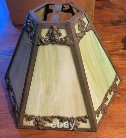 Antique 6-PANEL GREEN SLAG GLASS LAMP SHADE Needs 1 Panel Replaced