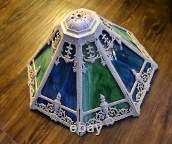 Antique 8 Panel Slag Glass Lamp Shade Hubbard Large 17 Green Blue Art Nouveau