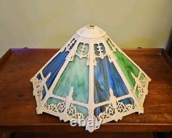 Antique 8 Panel Slag Glass Lamp Shade Hubbard Large 17 Green Blue Art Nouveau