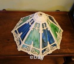 Antique 8 Panel Slag Glass Lamp Shade Hubbard Large 17 Green Blue Art Nouveau