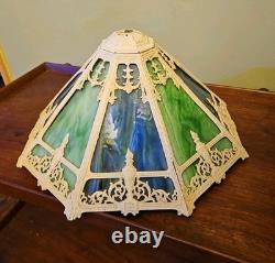 Antique 8 Panel Slag Glass Lamp Shade Hubbard Large 17 Green Blue Art Nouveau