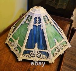 Antique 8 Panel Slag Glass Lamp Shade Hubbard Large 17 Green Blue Art Nouveau