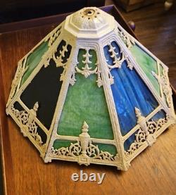 Antique 8 Panel Slag Glass Lamp Shade Hubbard Large 17 Green Blue Art Nouveau