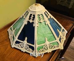 Antique 8 Panel Slag Glass Lamp Shade Hubbard Large 17 Green Blue Art Nouveau