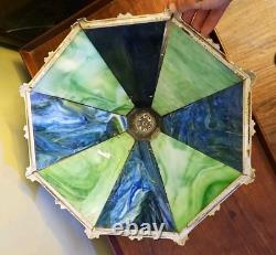 Antique 8 Panel Slag Glass Lamp Shade Hubbard Large 17 Green Blue Art Nouveau