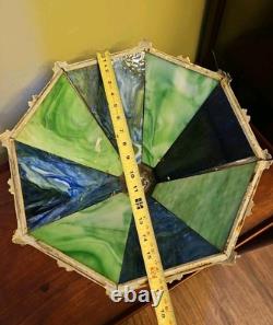 Antique 8 Panel Slag Glass Lamp Shade Hubbard Large 17 Green Blue Art Nouveau