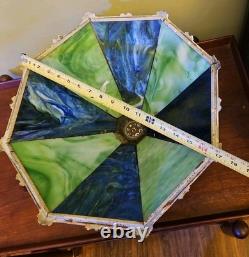 Antique 8 Panel Slag Glass Lamp Shade Hubbard Large 17 Green Blue Art Nouveau
