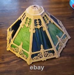 Antique 8 Panel Slag Glass Lamp Shade Hubbard Large 17 Green Blue Art Nouveau