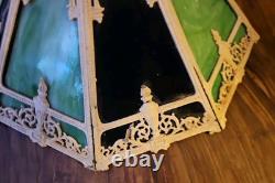 Antique 8 Panel Slag Glass Lamp Shade Hubbard Large 17 Green Blue Art Nouveau