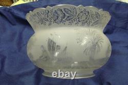 Antique Acid Etched Glass Lamp Shade Trees Fishermen Boat Nets Gas Oil 5 Fitter