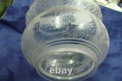 Antique Acid Etched Glass Lamp Shade Trees Fishermen Boat Nets Gas Oil 5 Fitter