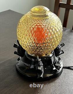 Antique Art Deco Black Glass 3 Sitting Elephant Boudoir TV Lamp With Shade Rare