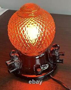 Antique Art Deco Black Glass 3 Sitting Elephant Boudoir TV Lamp With Shade Rare