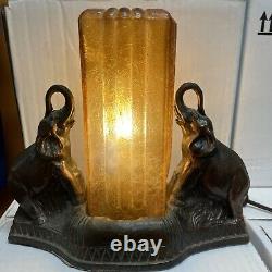 Antique Art Deco Double Elephant Table Lamp Square Yellow Glass Skyscraper Shade