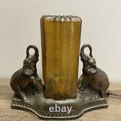 Antique Art Deco Double Elephant Table Lamp Square Yellow Glass Skyscraper Shade