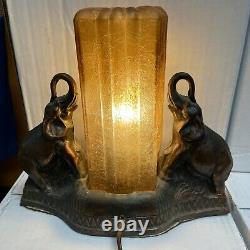 Antique Art Deco Double Elephant Table Lamp Square Yellow Glass Skyscraper Shade