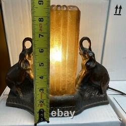 Antique Art Deco Double Elephant Table Lamp Square Yellow Glass Skyscraper Shade