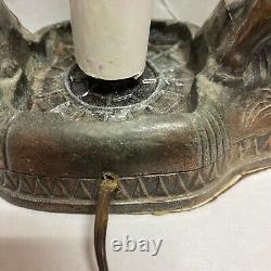 Antique Art Deco Double Elephant Table Lamp Square Yellow Glass Skyscraper Shade