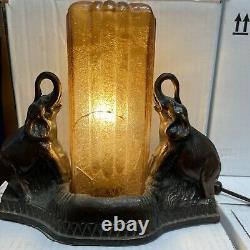 Antique Art Deco Double Elephant Table Lamp Square Yellow Glass Skyscraper Shade