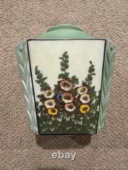Antique Art Deco Green Frosted Ceiling Lamp Shade Hollyhocks Flowers