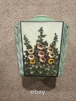 Antique Art Deco Green Frosted Ceiling Lamp Shade Hollyhocks Flowers