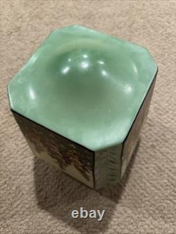 Antique Art Deco Green Frosted Ceiling Lamp Shade Hollyhocks Flowers