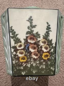 Antique Art Deco Green Frosted Ceiling Lamp Shade Hollyhocks Flowers